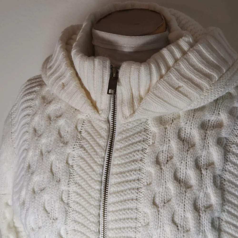 Makobi Men’s Streetwear Sweater Cable Knit Zip Cardigan Cream Hooded Pockets XL - Picture 2 of 15